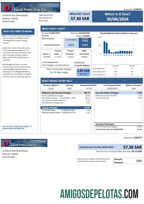 para download Arábia Saudita Saudi Petro Gas Business Utility Bill, Word e modelo PDF